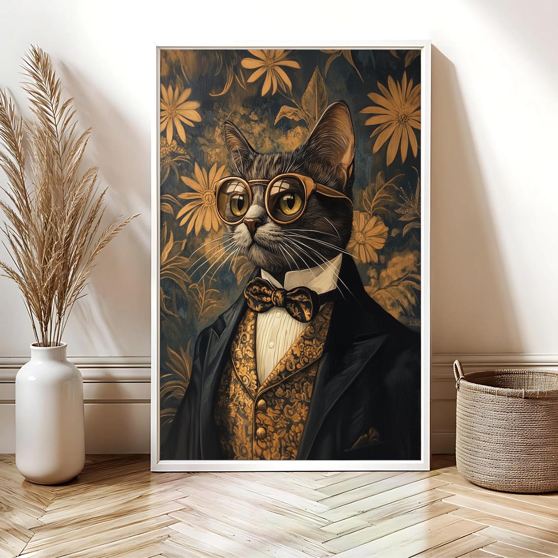 Dapper Tuxedo Cat in Glasses Gatsby Style Gold Floral Poster - Image 3