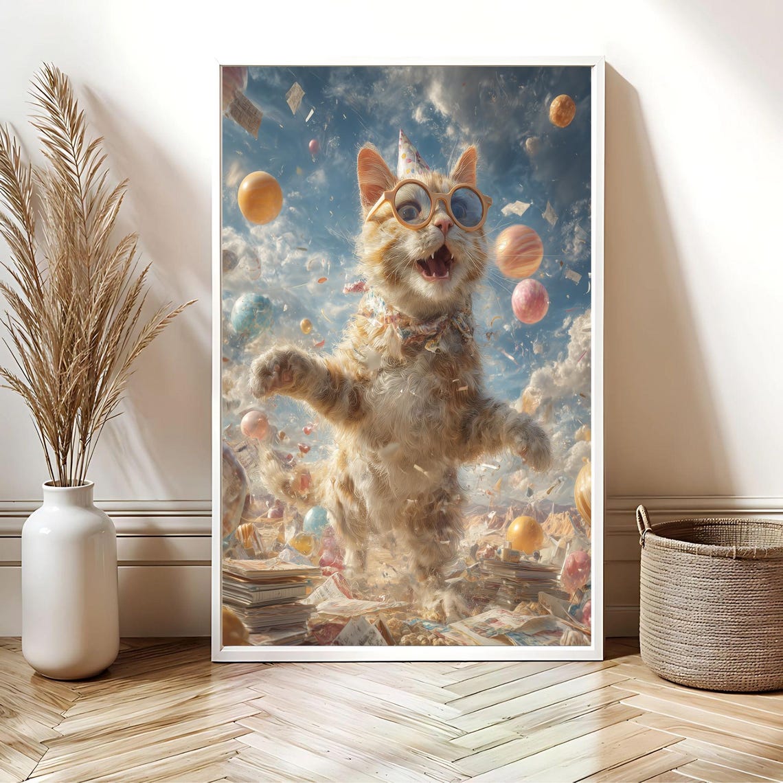 Ginger Cat Party Sunglasses Balloons Floating Surreal Dream Poster