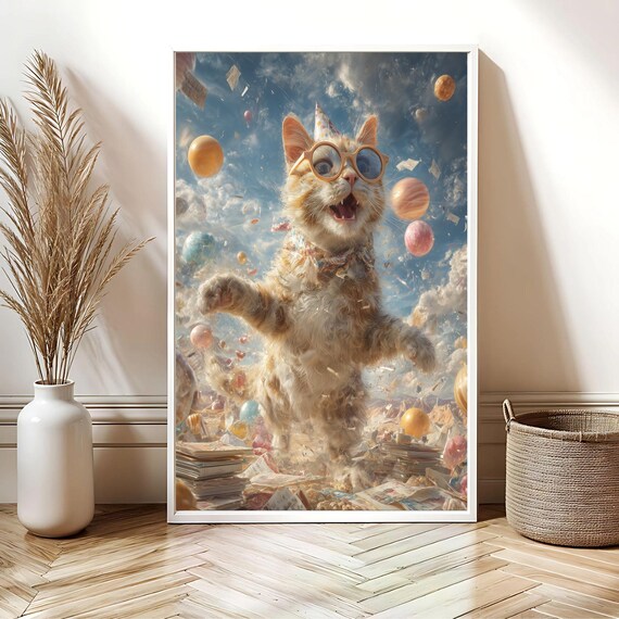 Ginger Cat Party Sunglasses Balloons Floating Surreal Dream Poster