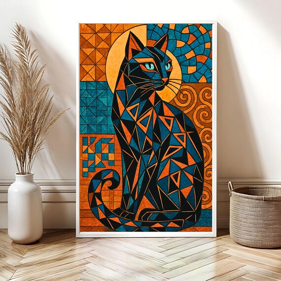 Geometric Cat Art Print Modern Poster Abstract Wall Contemporary Decor Animal