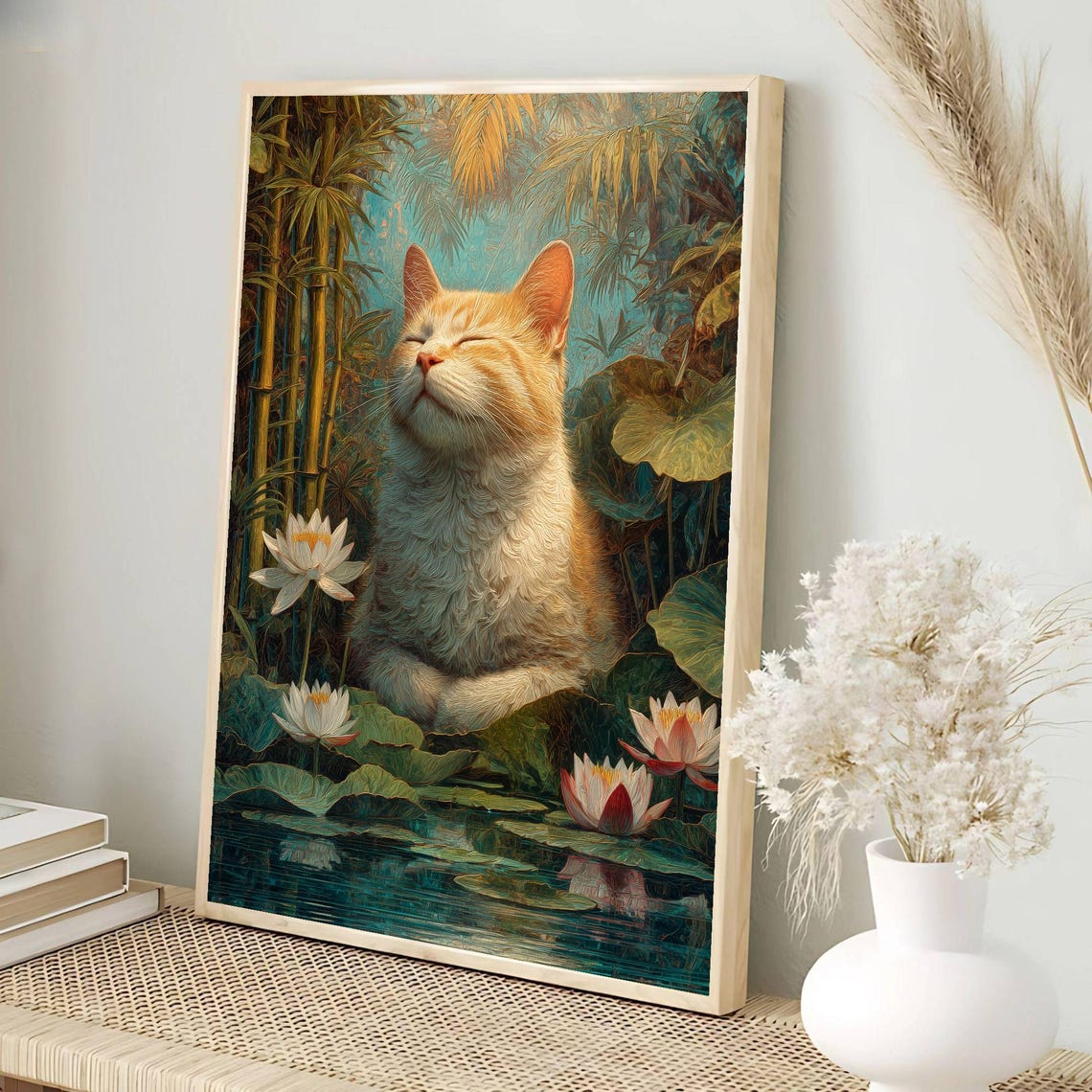 Meditating Orange Cat Lotus Pond Tropical Bamboo Garden Poster - Image 3