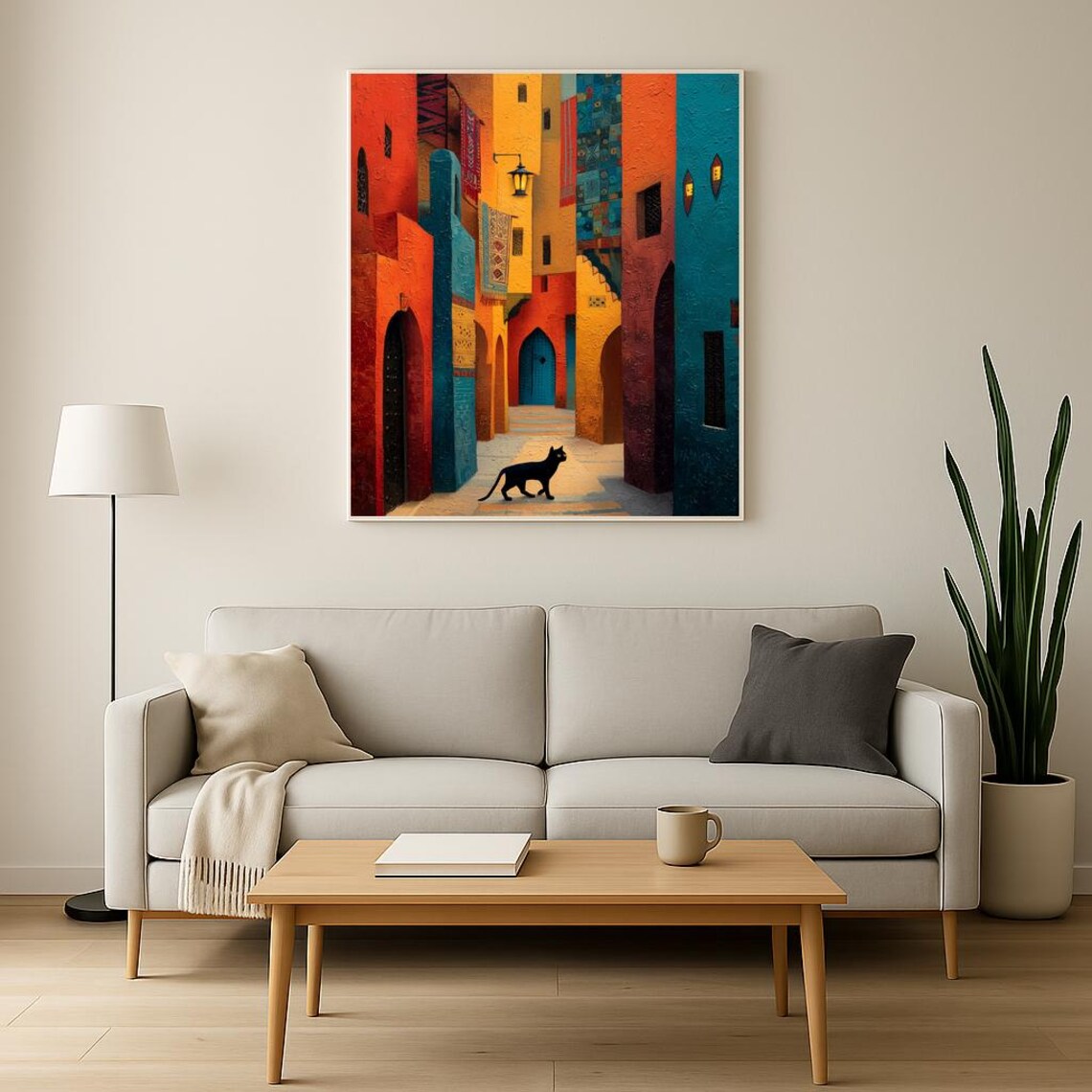 Black Cat Moroccan Medina Colorful Alley Impasto Oil Art Poster - Image 2