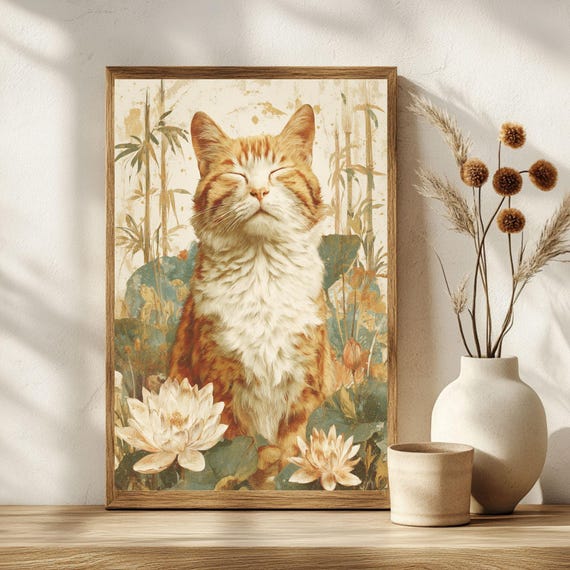Japandi Zen Cat Art Print Naturalism Poster Calm Decor Lover Gift Tranquil Wall Instant
