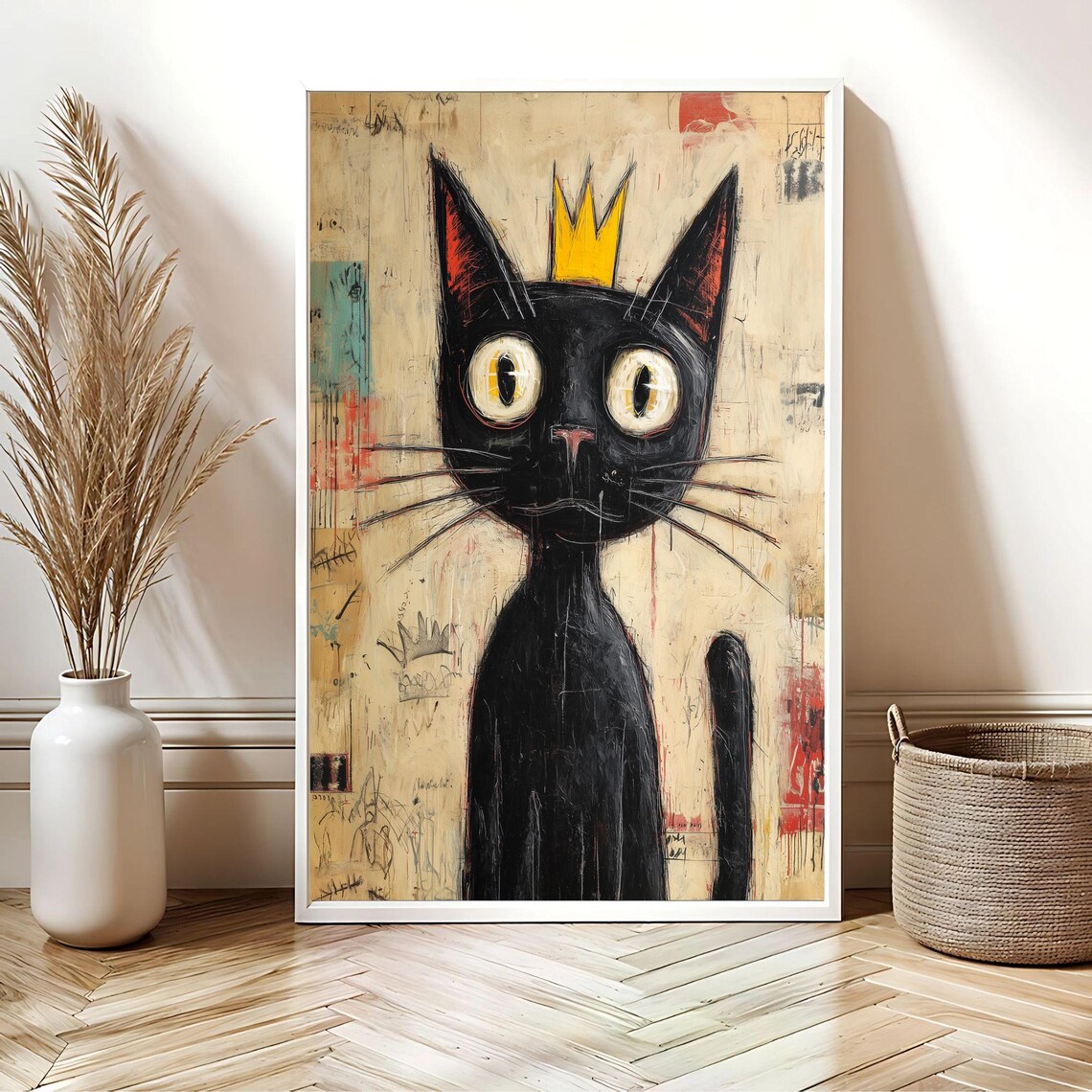 Basquiat Inspired Black Cat Gold Crown Street Art Quirky Poster - Image 2