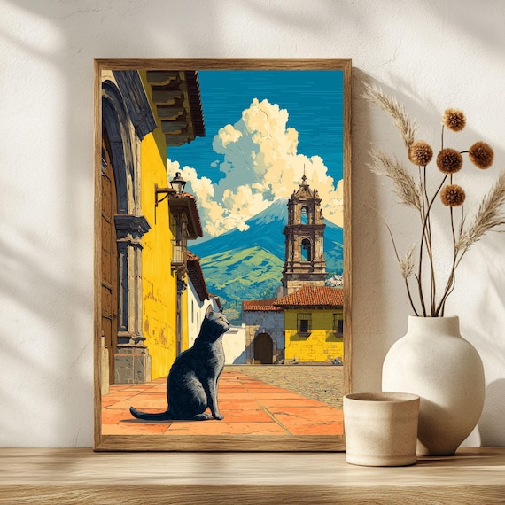 Black Cat on Colonial Cobblestone Street With Volcano Travel Art Poster