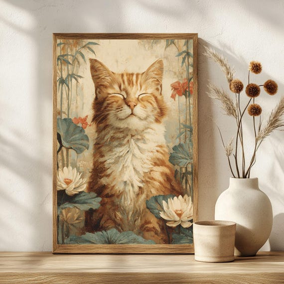 Impressionist Meditating Cat Art Print Floral Poster Relaxing Wall Zen Decor Gift Whimsical Home Accent Instant