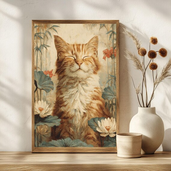 Meditating Orange Fluffy Cat Lotus Flower Bamboo Garden Poster