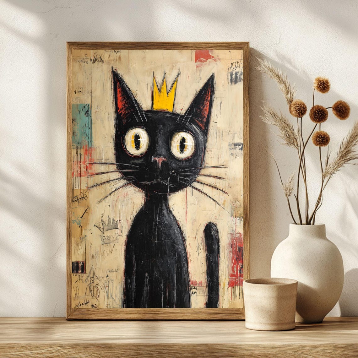 Basquiat Inspired Black Cat Gold Crown Street Art Quirky Poster