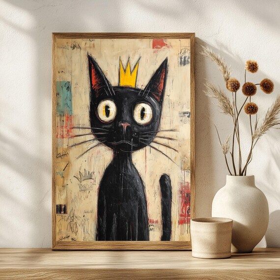Basquiat Inspired Black Cat Gold Crown Street Art Quirky Poster
