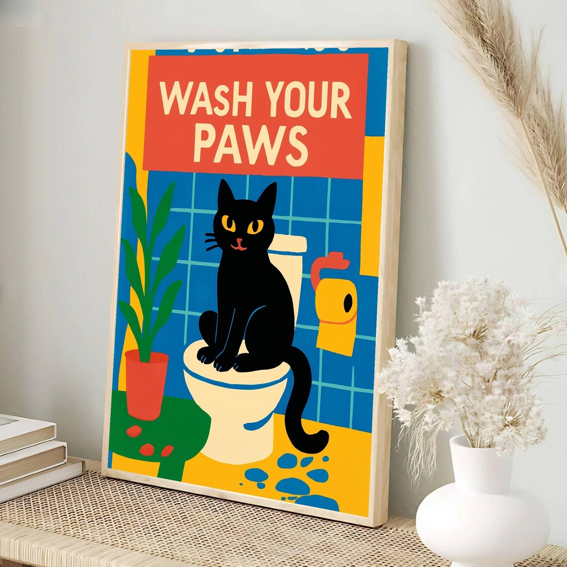 Wash Your Paws Funny Black Cat Bathroom Toilet Quote Art Poster - Image 3