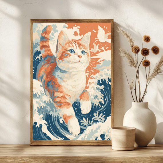 Hokusai Style Zen Cat Wall Art Lover Home Decor Gift Instant Poster