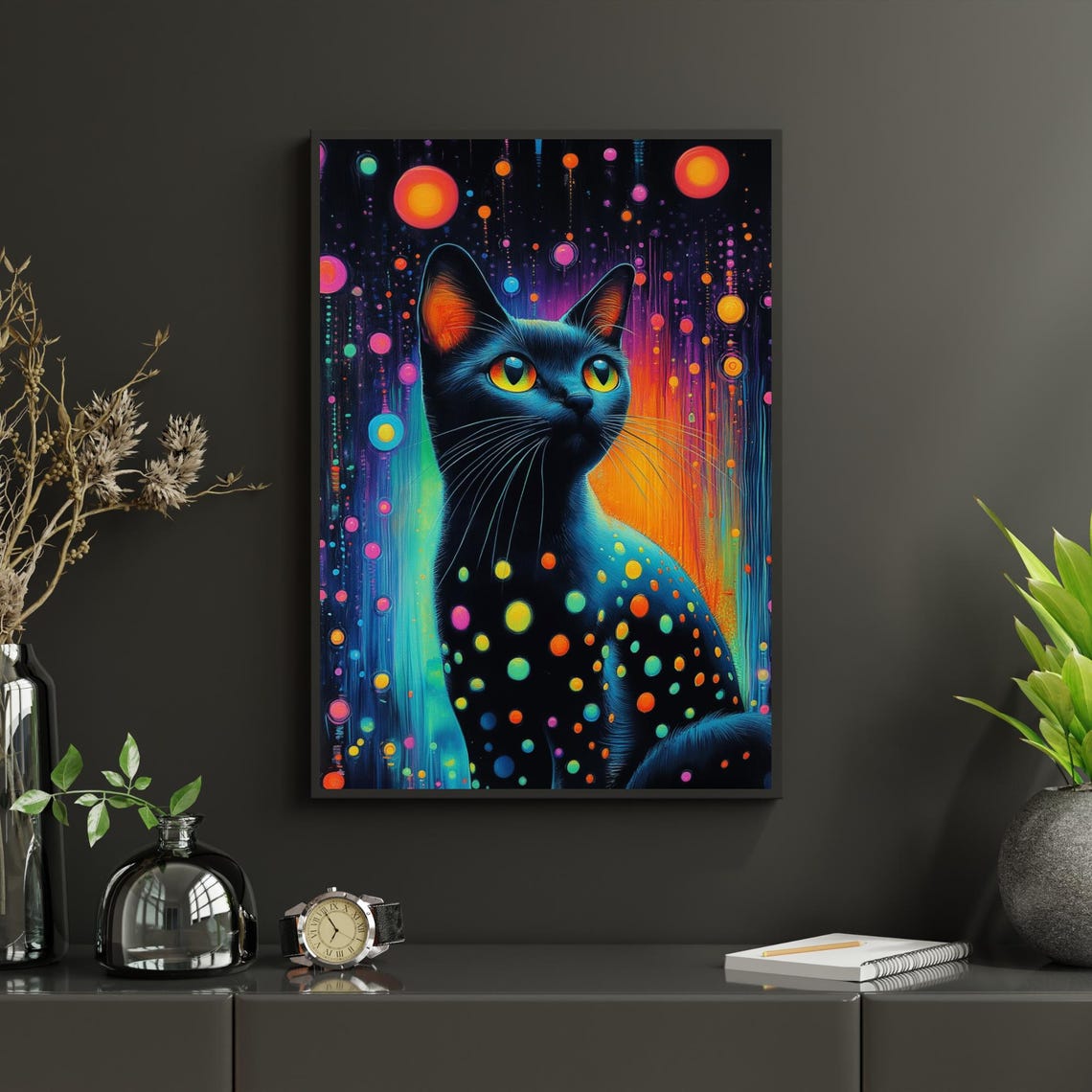 Black Cat Neon Polka Dots Vibrant Modern Pop Art Style Poster - Image 3