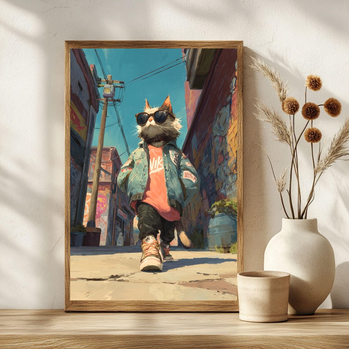 Cool Street Cat in Sunglasses Denim Jacket Urban Alley Poster