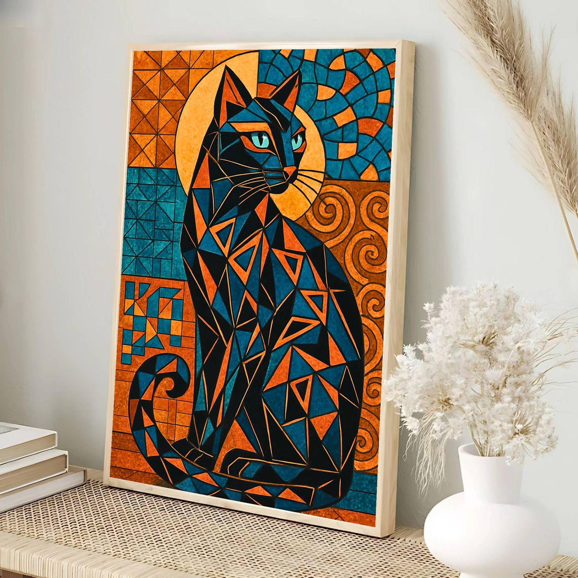 Geometric Black Cat Stained Glass Style Teal Orange Art Poster - Image 3