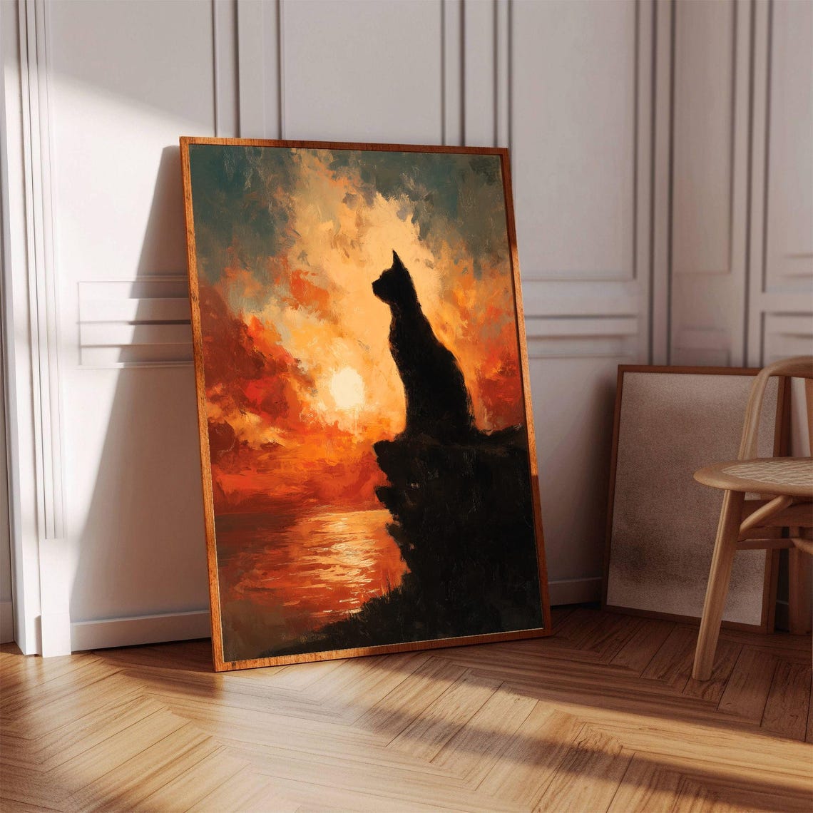 Black Cat Silhouette Watching Fiery Sunset Over Open Sea Poster - Image 3