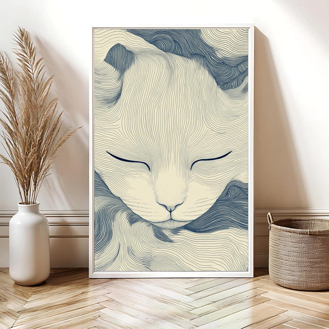 Calm Sleeping Cat Face Japanese Minimalist Blue Line Art Poster