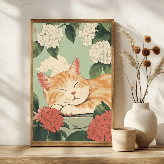 Sleeping Orange Cat Japanese Woodblock Hydrangea Flower Poster