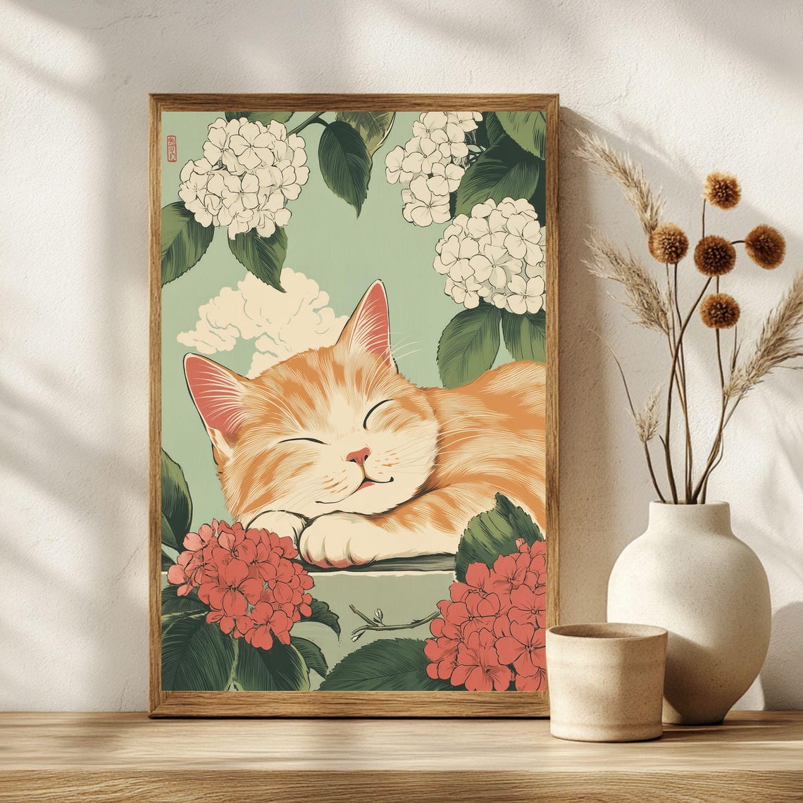 Sleeping Orange Cat Japanese Woodblock Hydrangea Flower Poster