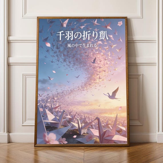 Sky Origami Cranes Poster Minimalist Sunset Print Japanese Decor