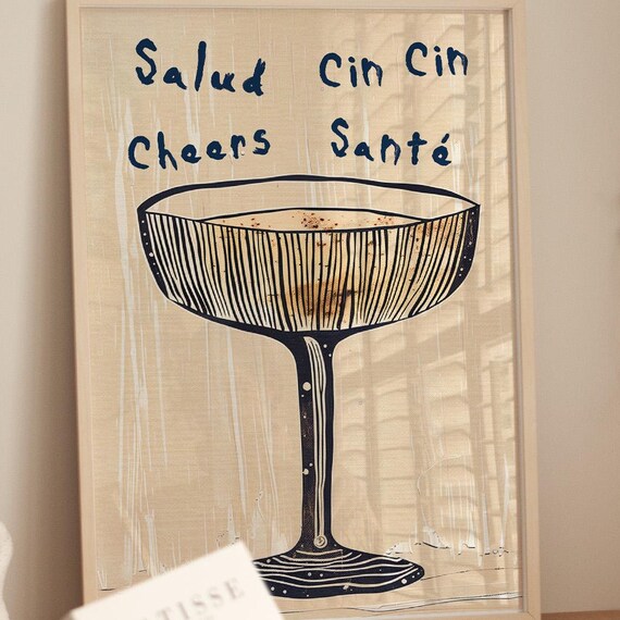 Salud Cin Cin Cheers Sante Sketched Cocktail Coupe Bar Art Poster