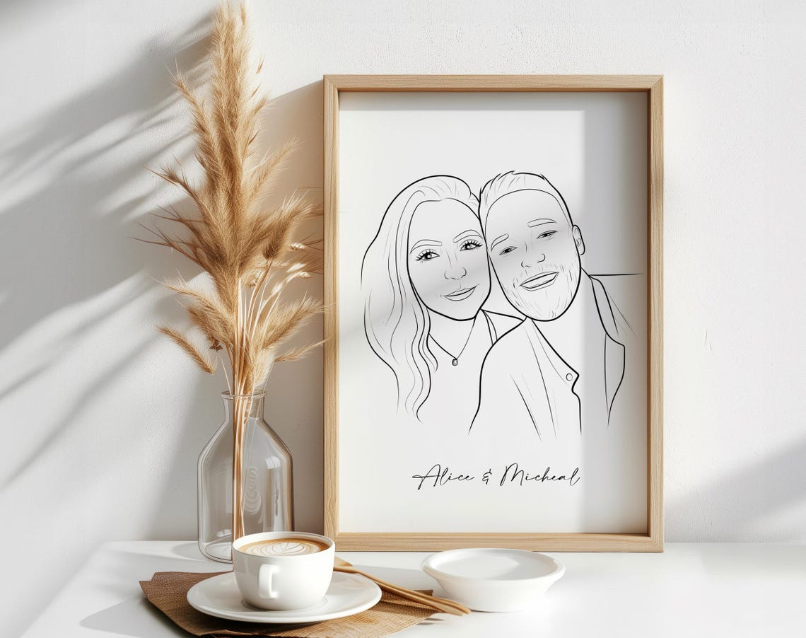 Custom Couple Faces Line Art Portrait Poster with Scripted Names