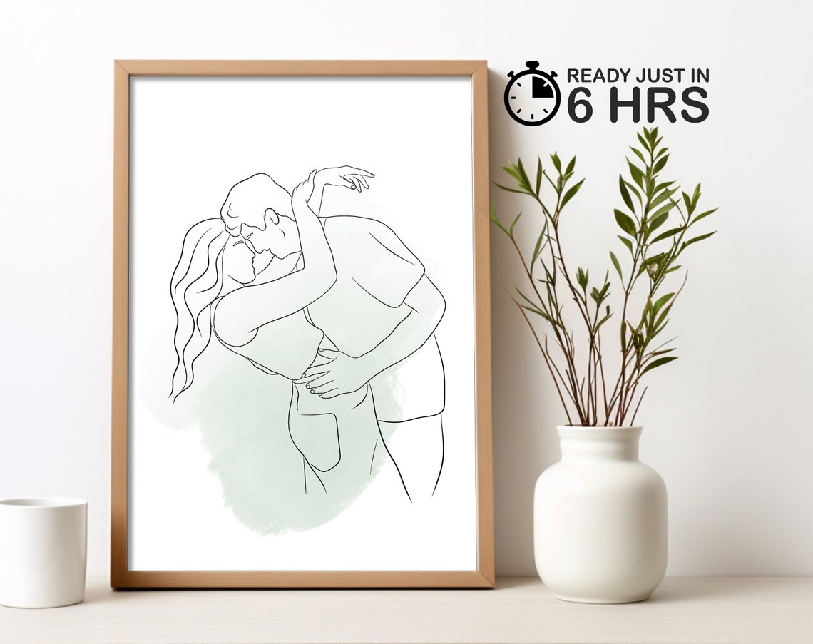Custom Dancing Couple Dip Line Art Portrait Poster with Sage Wash