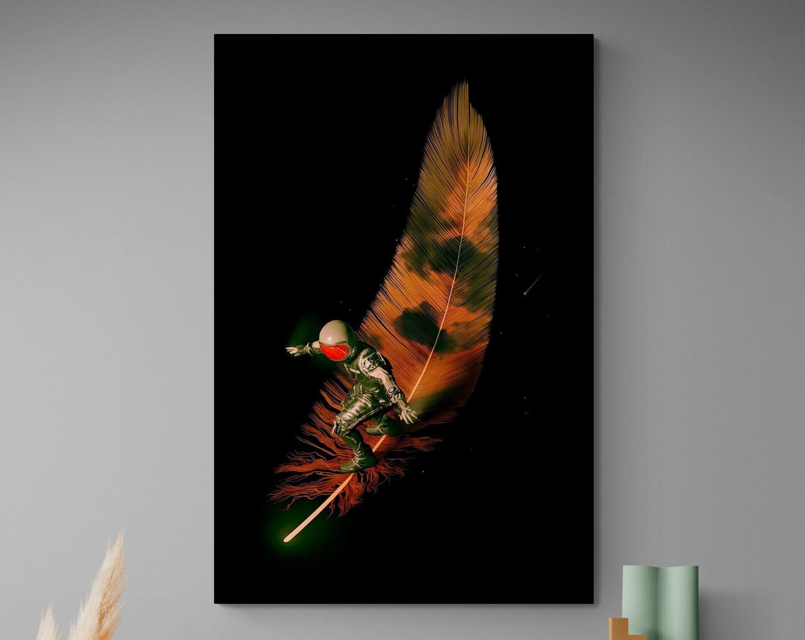 Surfing Astronaut Wall Art Nasa Astronaut Print Orange Black Surreal Painting Ready To Hang - Image 3