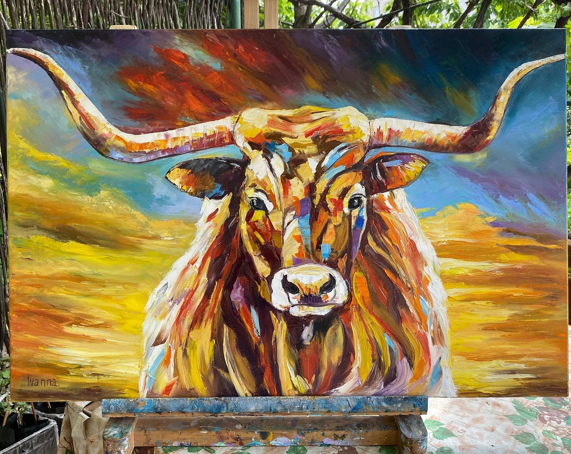 Longhorn Painting Original Texas Longhorn Art Abstract Bull Painting Colorful Longhorn Wall Art Texas Oil Painting Cow Painting On - Image 2