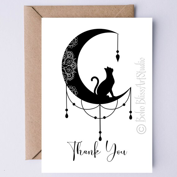 Thank You Card Black Cat On Crescent Moon Boho Celestial Cat Lover Print