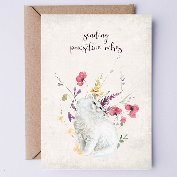 Sending Pawsitive Vibes White Fluffy Cat Watercolor Wildflower Art Print