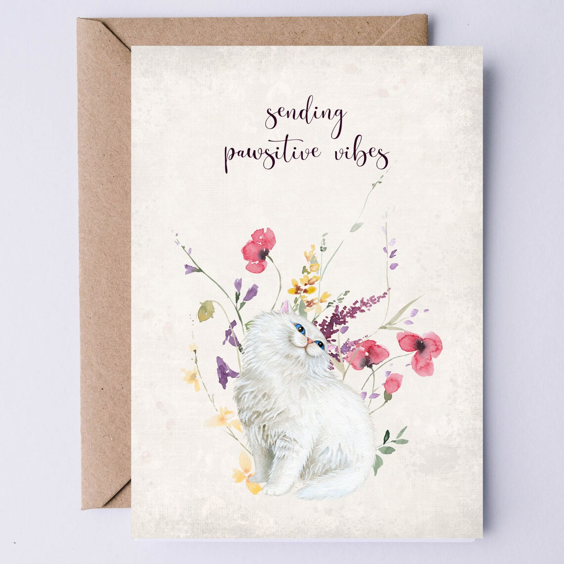 Sending Pawsitive Vibes White Fluffy Cat Watercolor Wildflower Art Print
