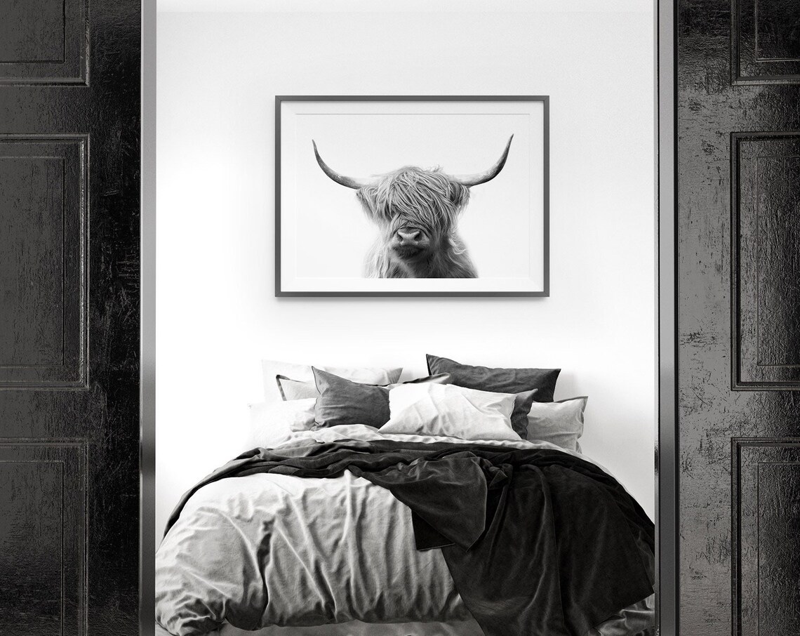 Highland Cow Photo Print, Black and White Farmhouse