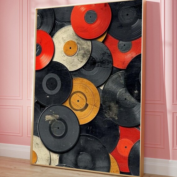 Stacked Colorful Vinyl Records Retro Music Room Decor Wall Art