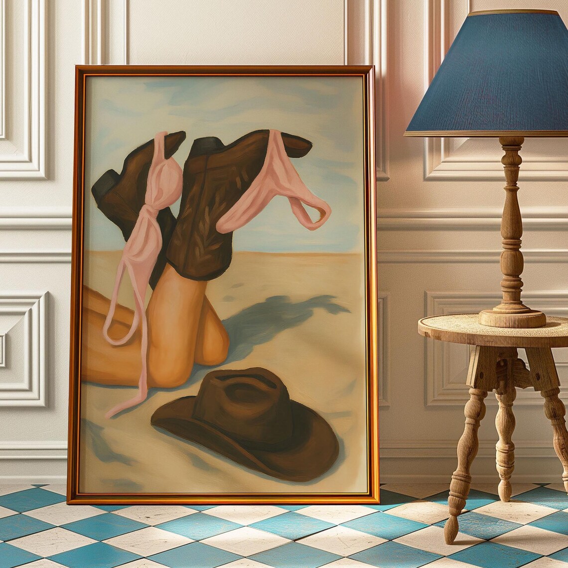 Retro Cowgirl Beach Poster With Cowboy Boots and Pink Bikini Top