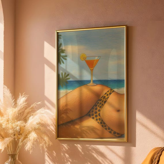 Retro Leopard Bikini Poster Vintage Beach Wall Art Print Sexy Woman With Cocktail Feminist Coastal Home Decor Preppy Posters
