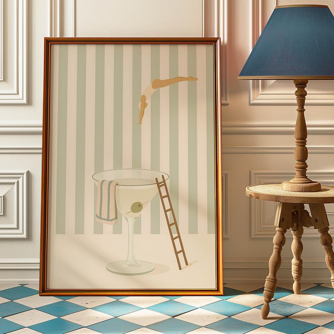 Diver Retro Cocktail Art Print, Sage Green Stripes