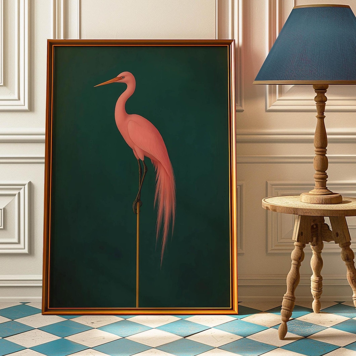 Pink Japanese Crane Vintage Poster, Antique Bird Artwork