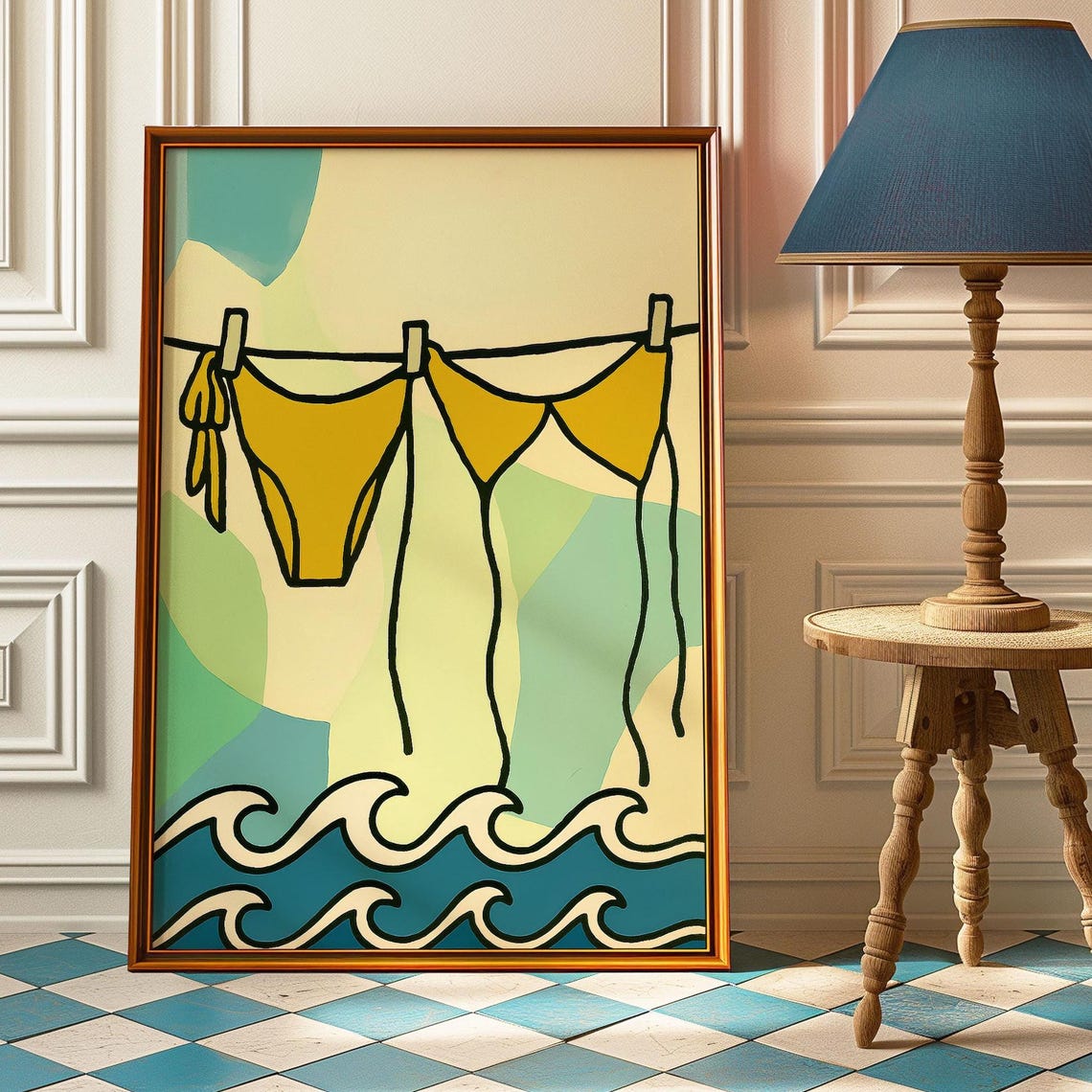 Yellow Bikini on Clothesline Retro Minimalist Beach Summer Art Poster