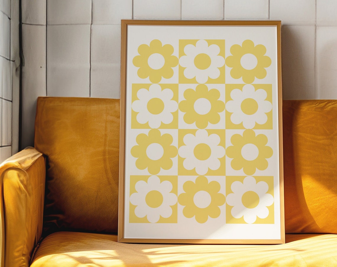 Yellow Retro Daisy Flower Grid Groovy 70s Wall Room Decor Poster