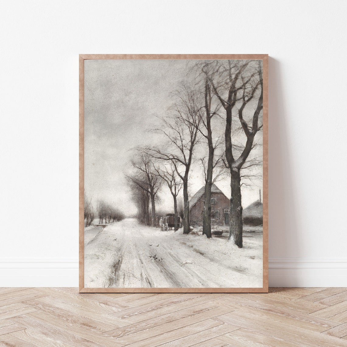 Vintage Quiet Snowy Tree Lined Winter Road Painting Art Poster - Image 3