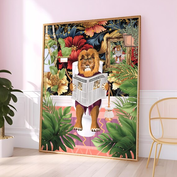 Lion With Glasses Reading Jungle News On Toilet Funny Bath Poster