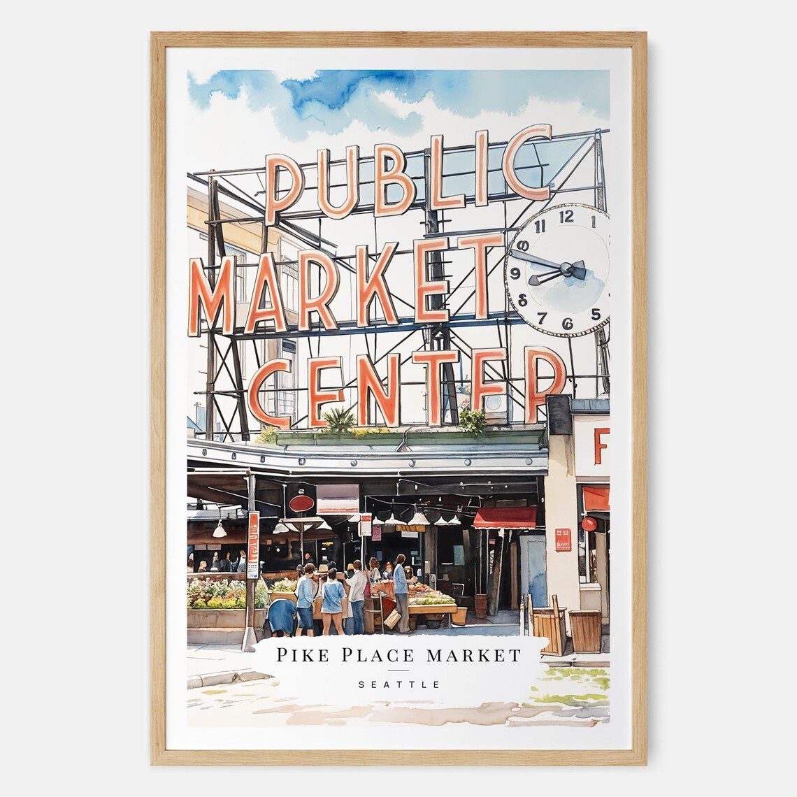 Seattle Pike Place Public Market Center Sign Watercolor Poster