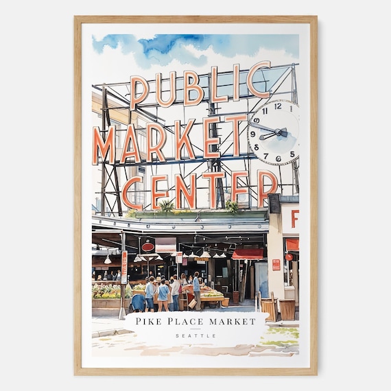 Seattle Pike Place Public Market Center Sign Watercolor Poster