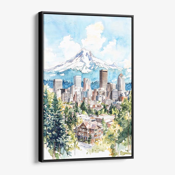 Portland Oregon Canvas Print Colorful Watercolor Cityscape Wall Art