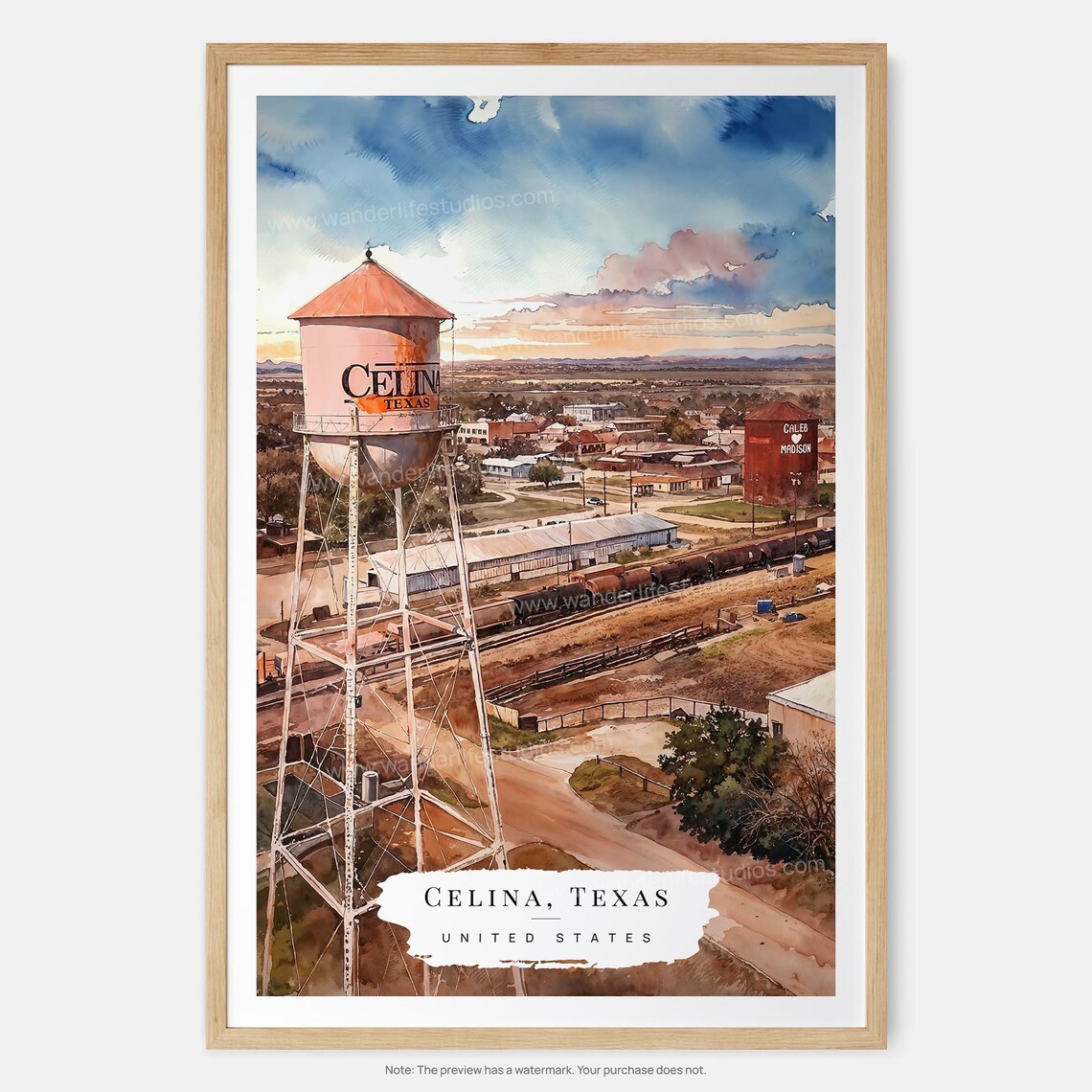Celina Texas Water Tower Small Town Americana Watercolor Poster