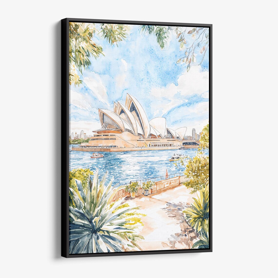 Sunny Sydney Opera House Harbour Ferries Watercolor Travel Poster
