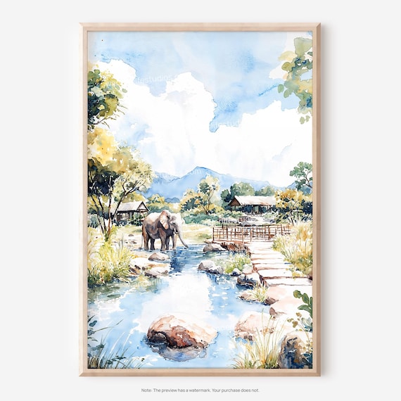 Chiang Mai Elephant Sanctuary Wall Art Watercolor Style For Instant Print