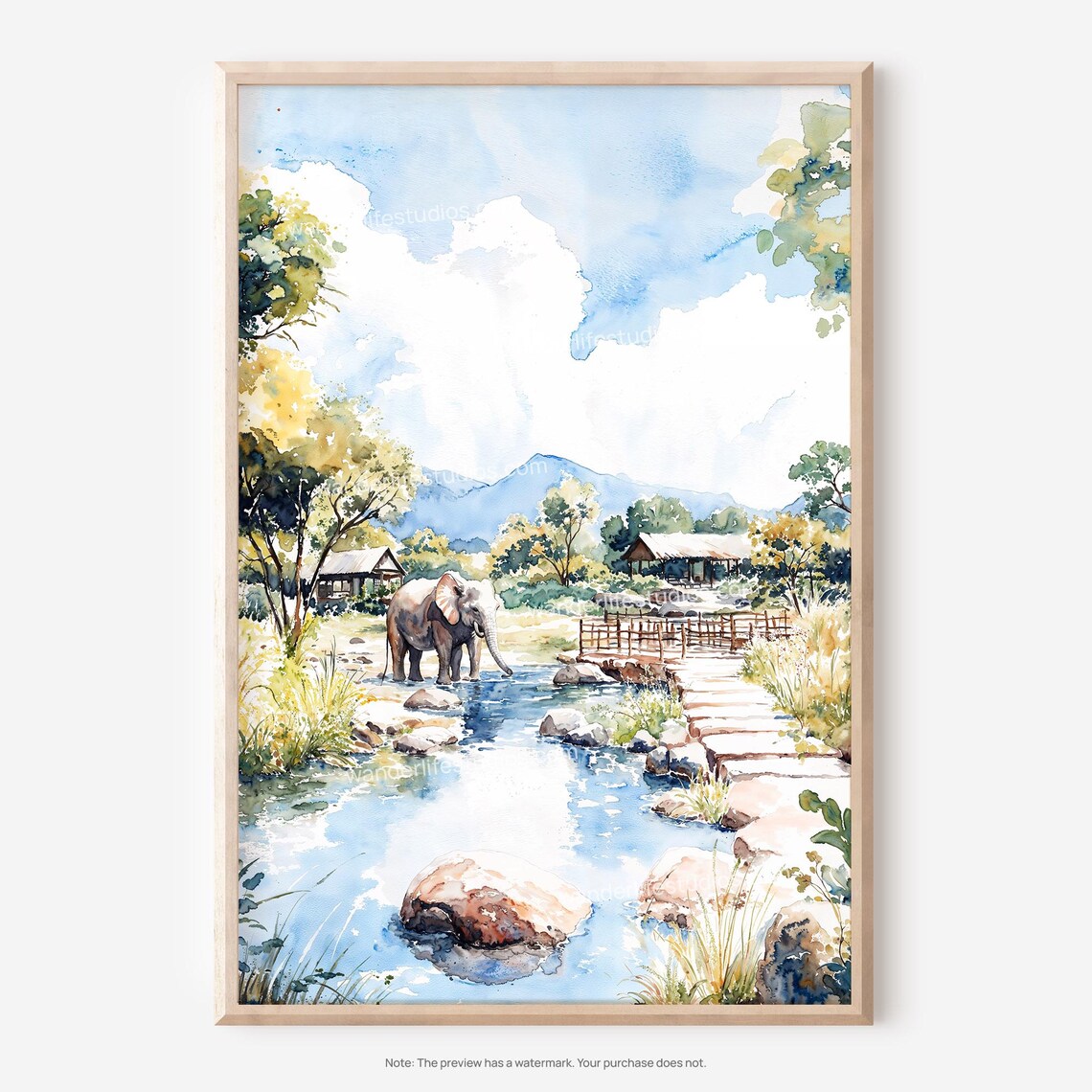 Chiang Mai Elephant Sanctuary Wall Art Watercolor Style For Instant Print