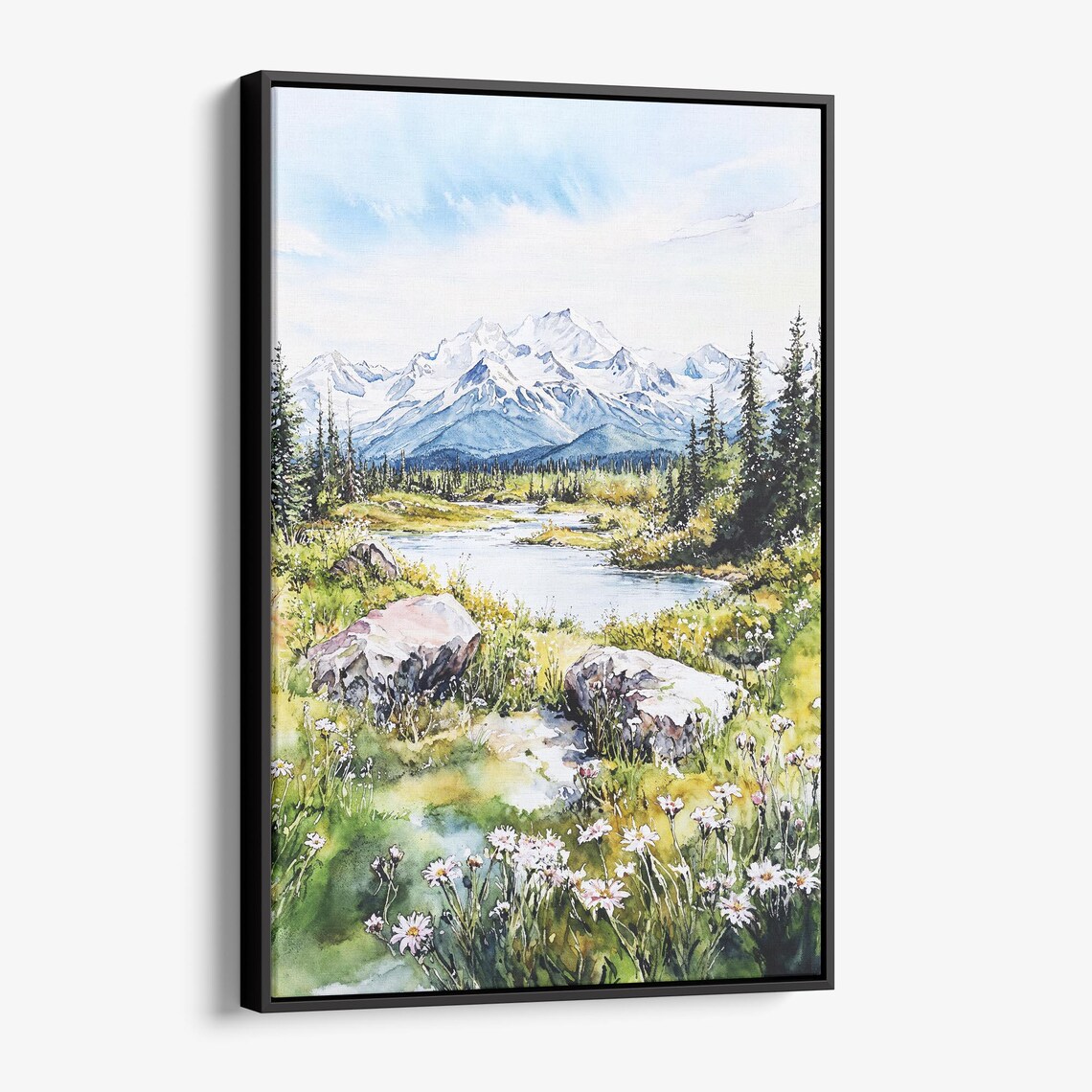 Snowy Mountain Lake Watercolor Wildflowers Alpine Valley Scenic Poster