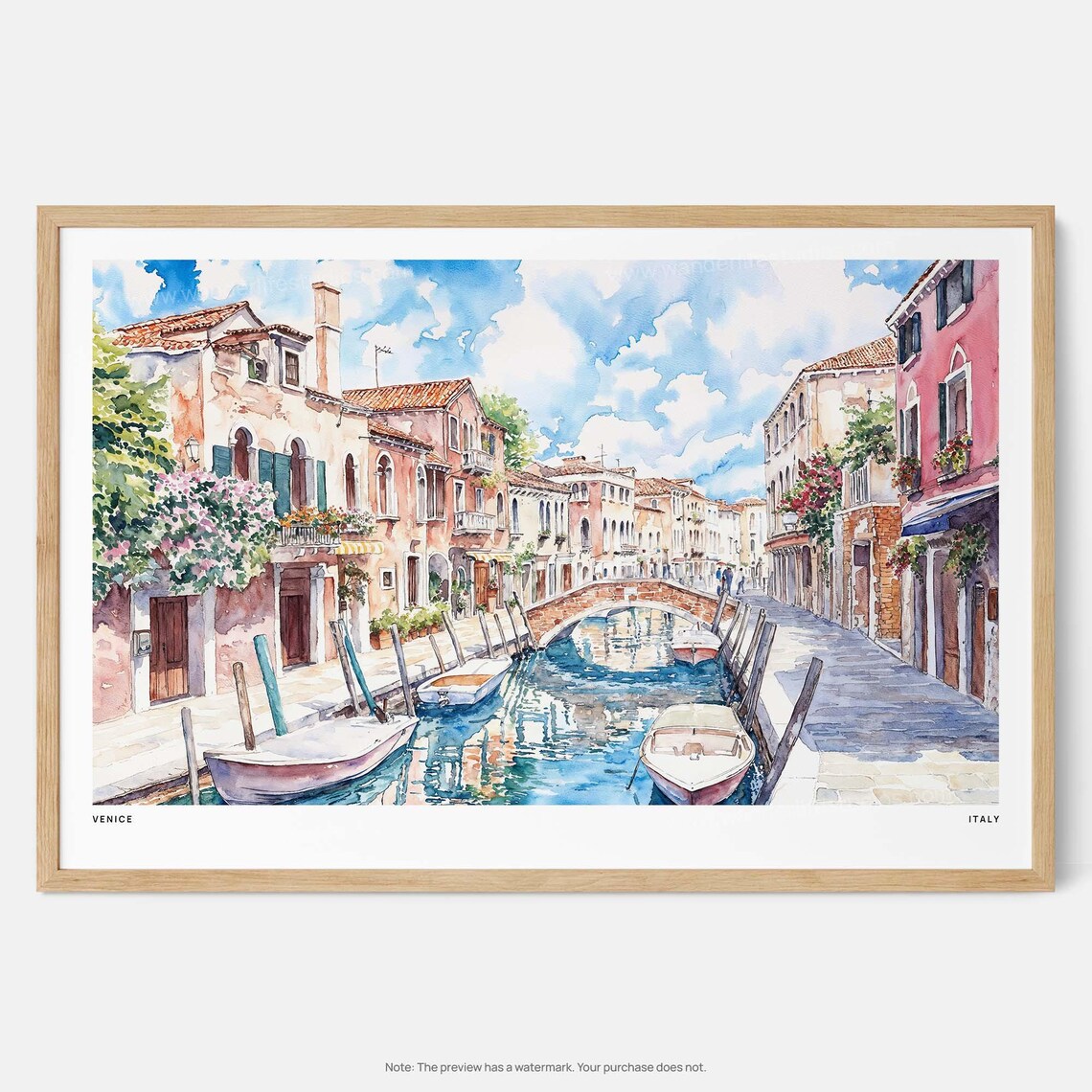 Venice Italy Canal Boats Stone Bridge Watercolor Travel Poster